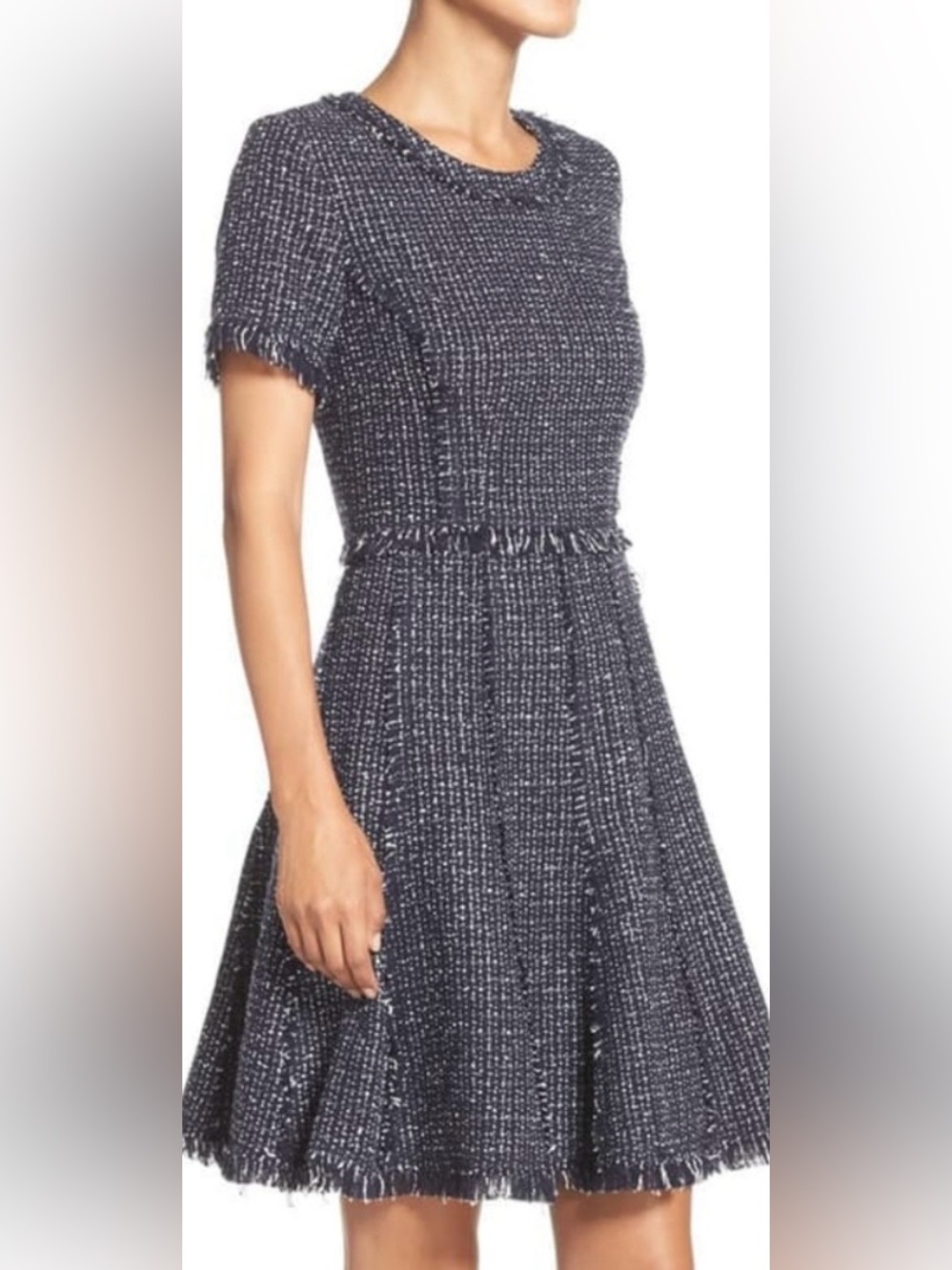 Eliza J Navy Blue White Tweed Fringe Fit Flare Dress 14